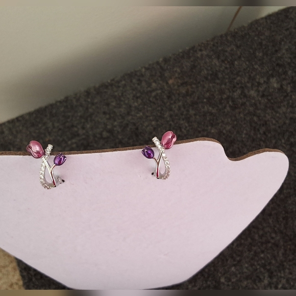 💥SALE💥NEW Tulip Rhinestone 925 Silver Earrings - Picture 3 of 5